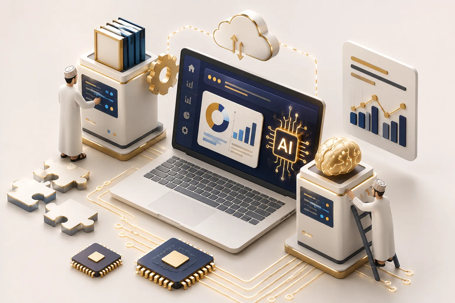 Cloud storage, analytics boards and an AI processor connected around a laptop dashboard