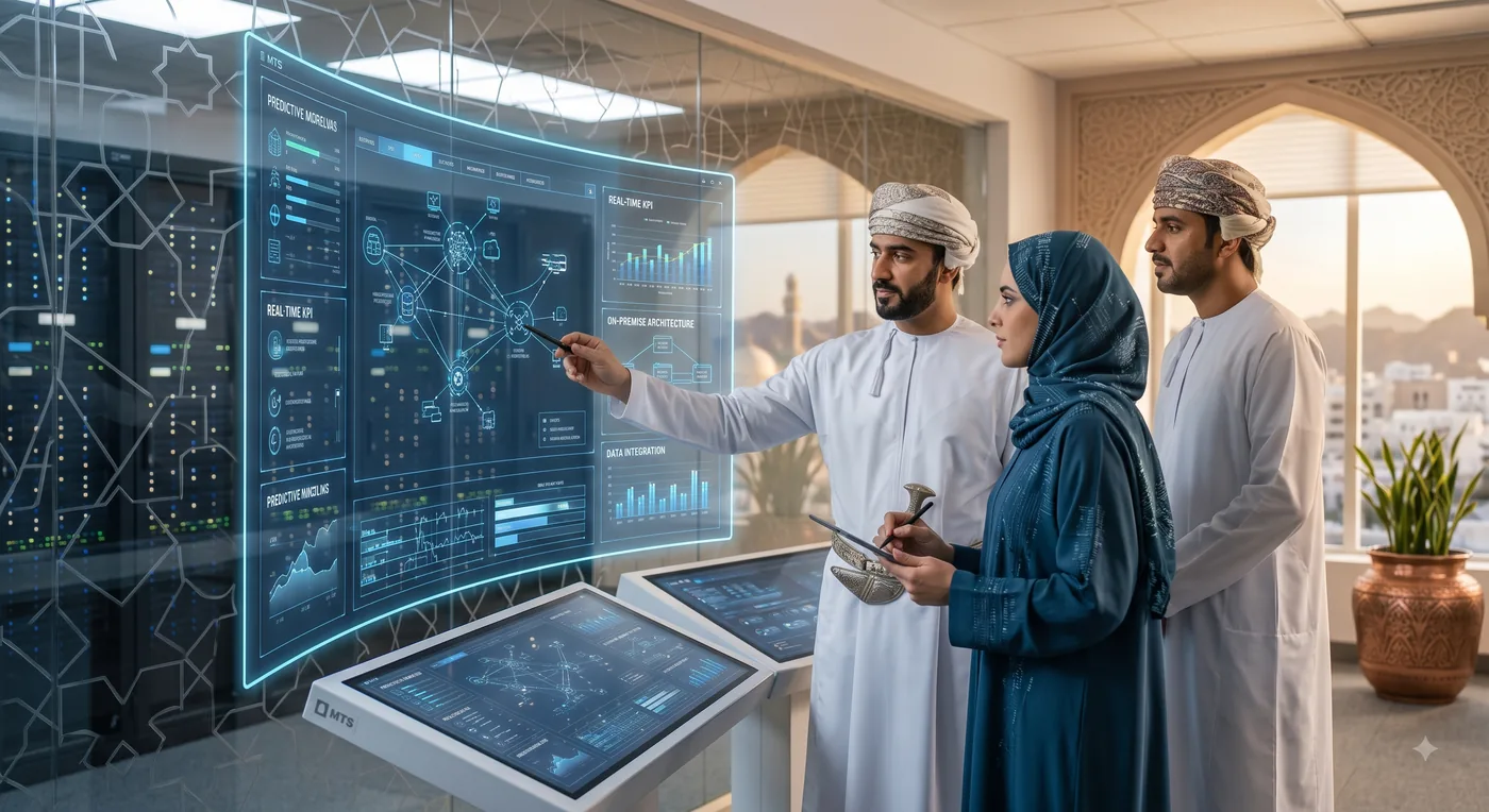 Three colleagues in Omani dress reviewing a predictive analytics dashboard beside an on-premise server rack