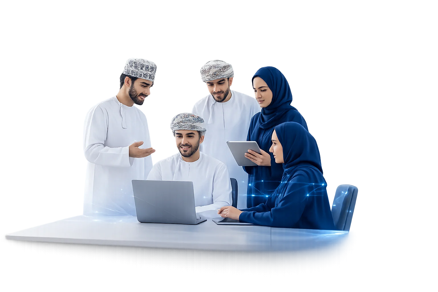 Omani professionals reviewing data together on a laptop and tablet