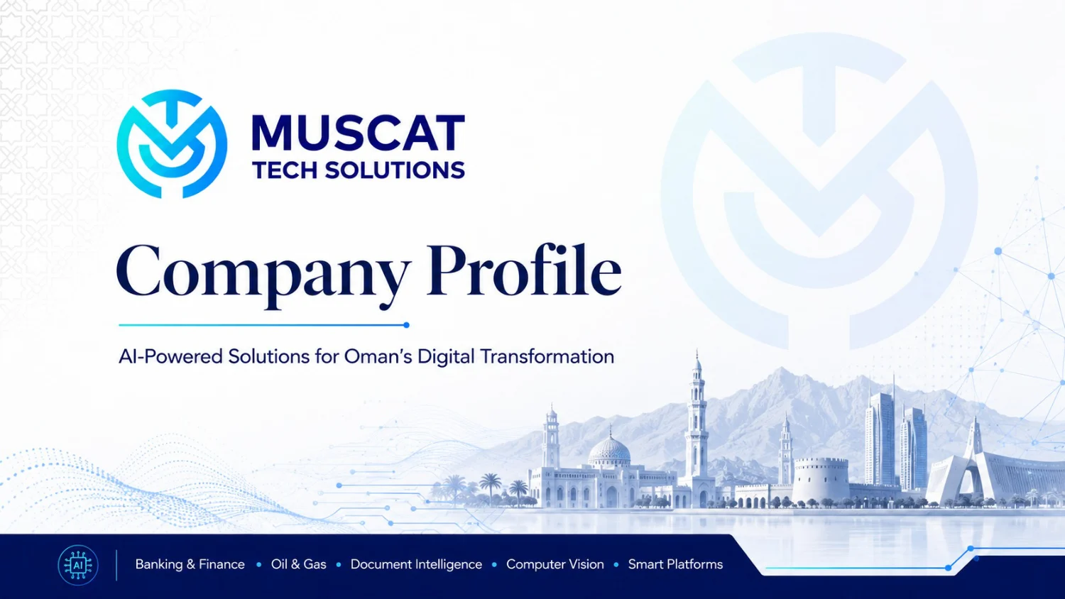 Cover page of the Muscat Tech Solutions company profile: AI-powered solutions for Oman's digital transformation.